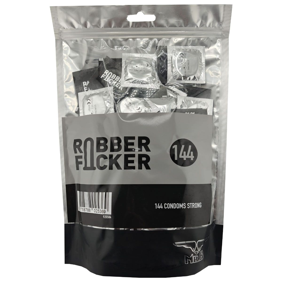 Emballage de 144 préservatifs, marque Mister B, modèle Rubber Focker.