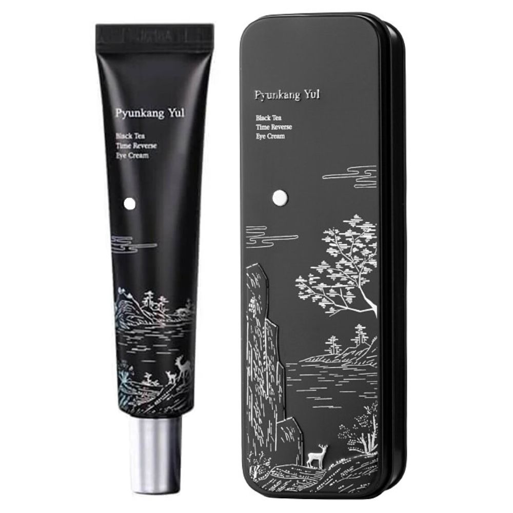 Tube noire et boîte rectangulaire de crème pour les yeux, décorées de paysages montagneux et animaliers.