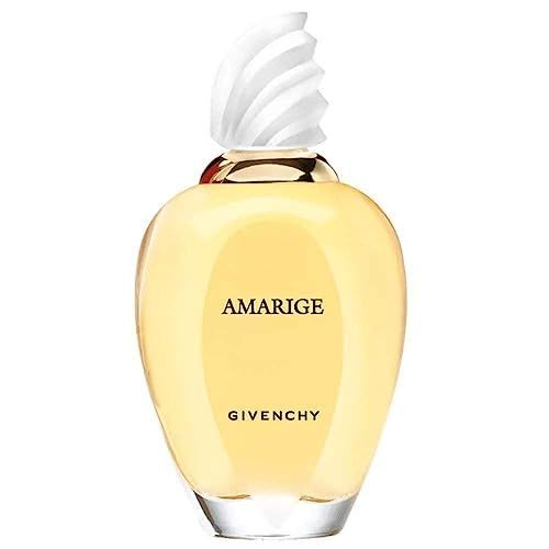 Parfumfles met gele vloeistof, witte spiraalvormige dop. Opschrift "AMARIGE" en "GIVENCHY".