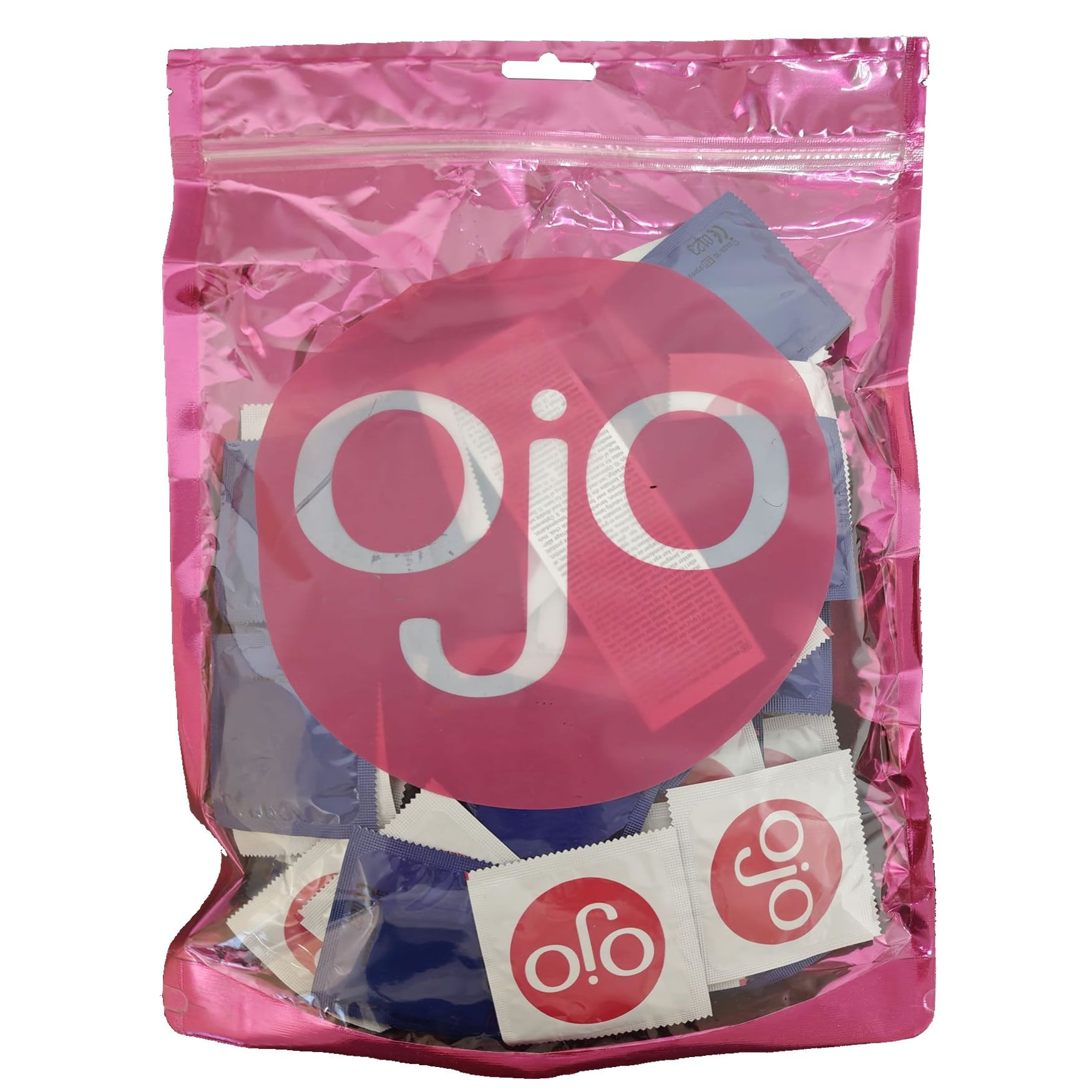 Sac rose transparent zippé. Contient des préservatifs de différentes couleurs. Grand logo rose avec le mot "ojo".