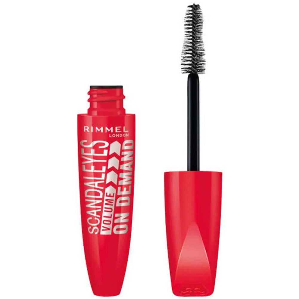 Rode mascara borstel en houder. Tekst: Rimmel London, Scandaleyes Volume On Demand. Zwarte mascara borstel.