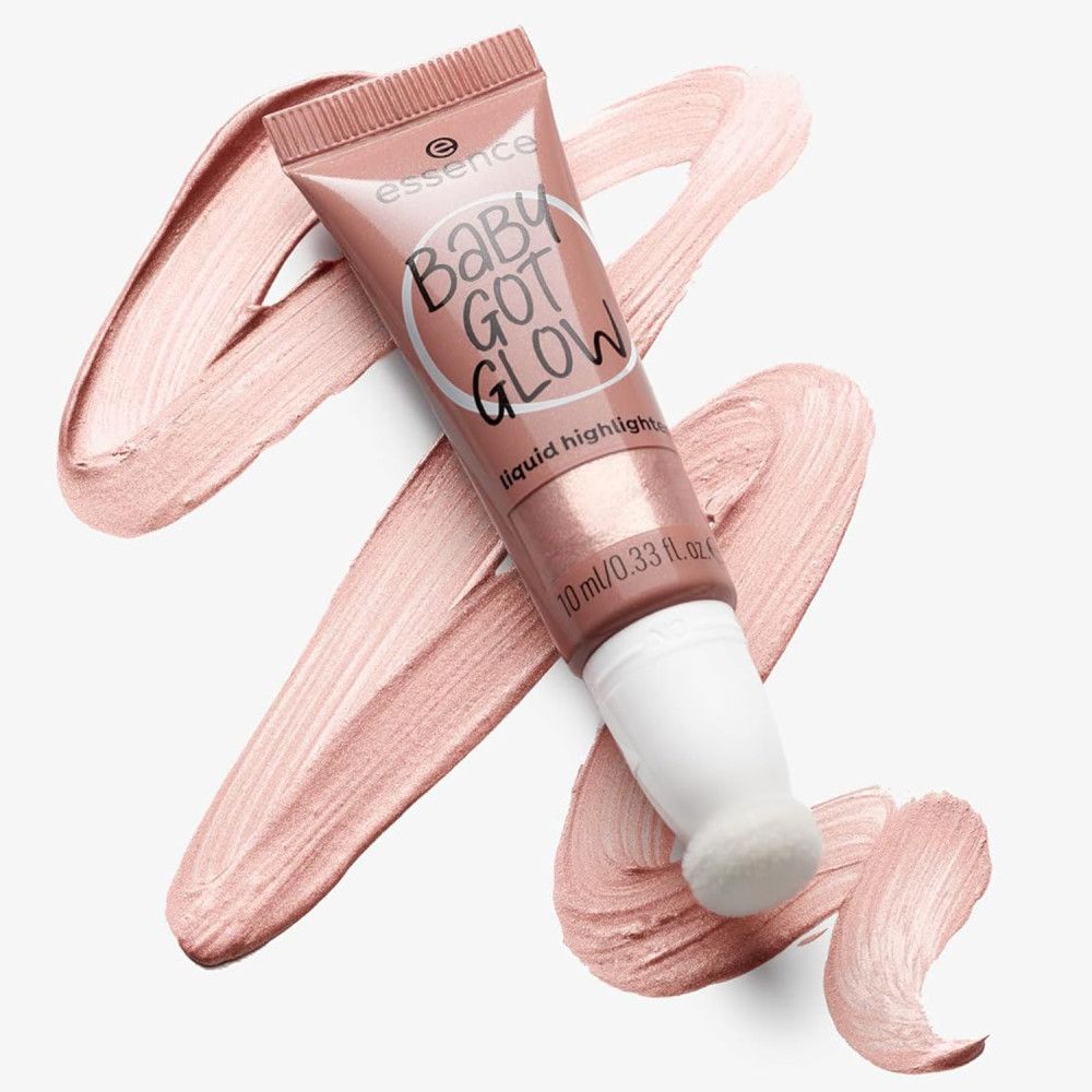 Tube rose avec applicateur et traits d'highlighter rose. Inscription : Essence, Baby Got Glow.