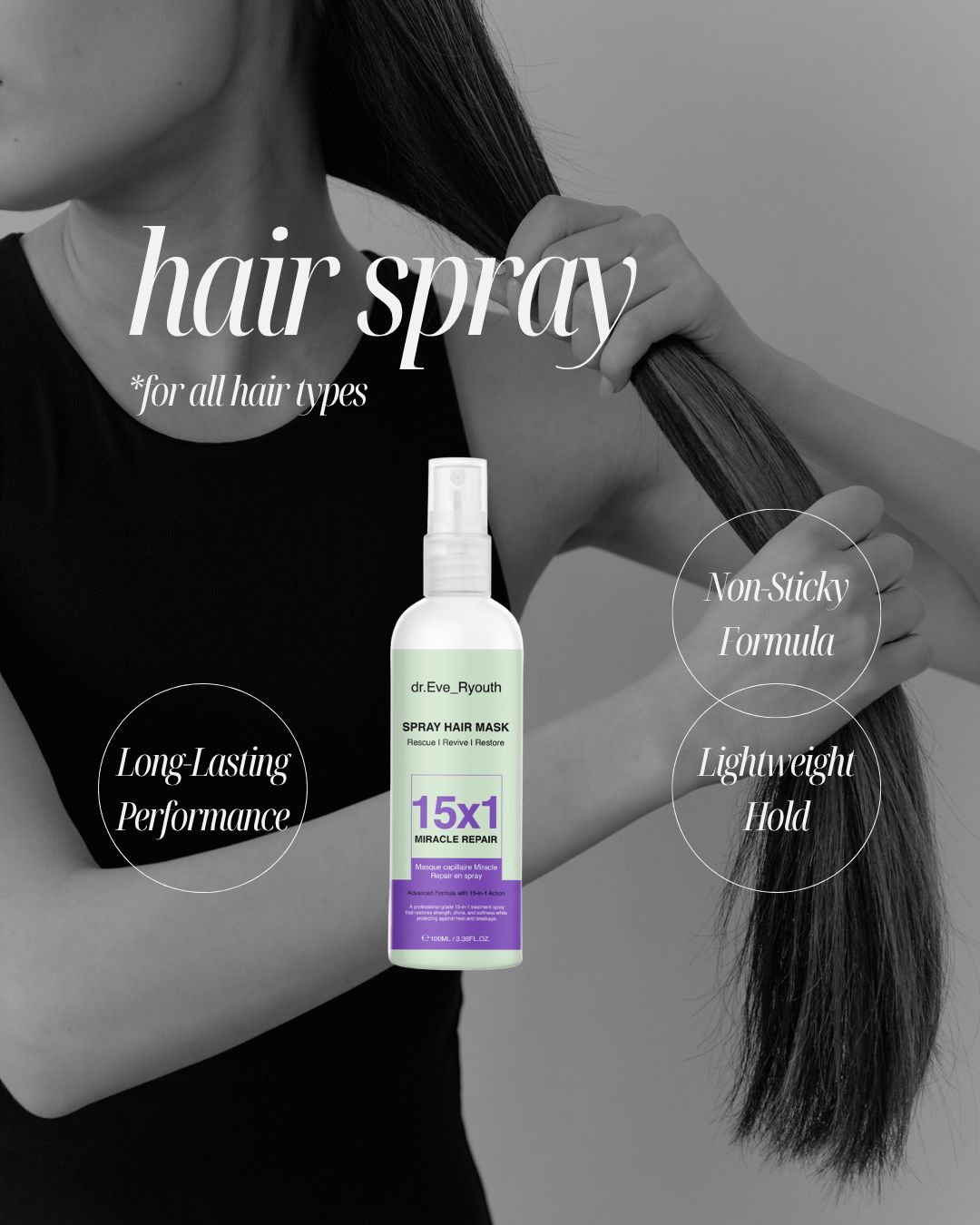 Spray haarmasker. Fles voor persoon die haar kamt. Tekst: 15x1 Miracle Repair.