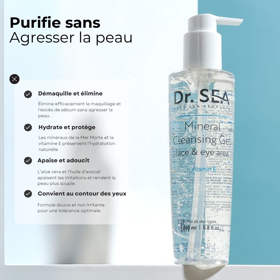 Flacon de produit avec texte. Texte : Purifie sans agresser la peau. Dr. Sea, Mineral Cleansing Gel, Face & eye area, Vitamine E.
