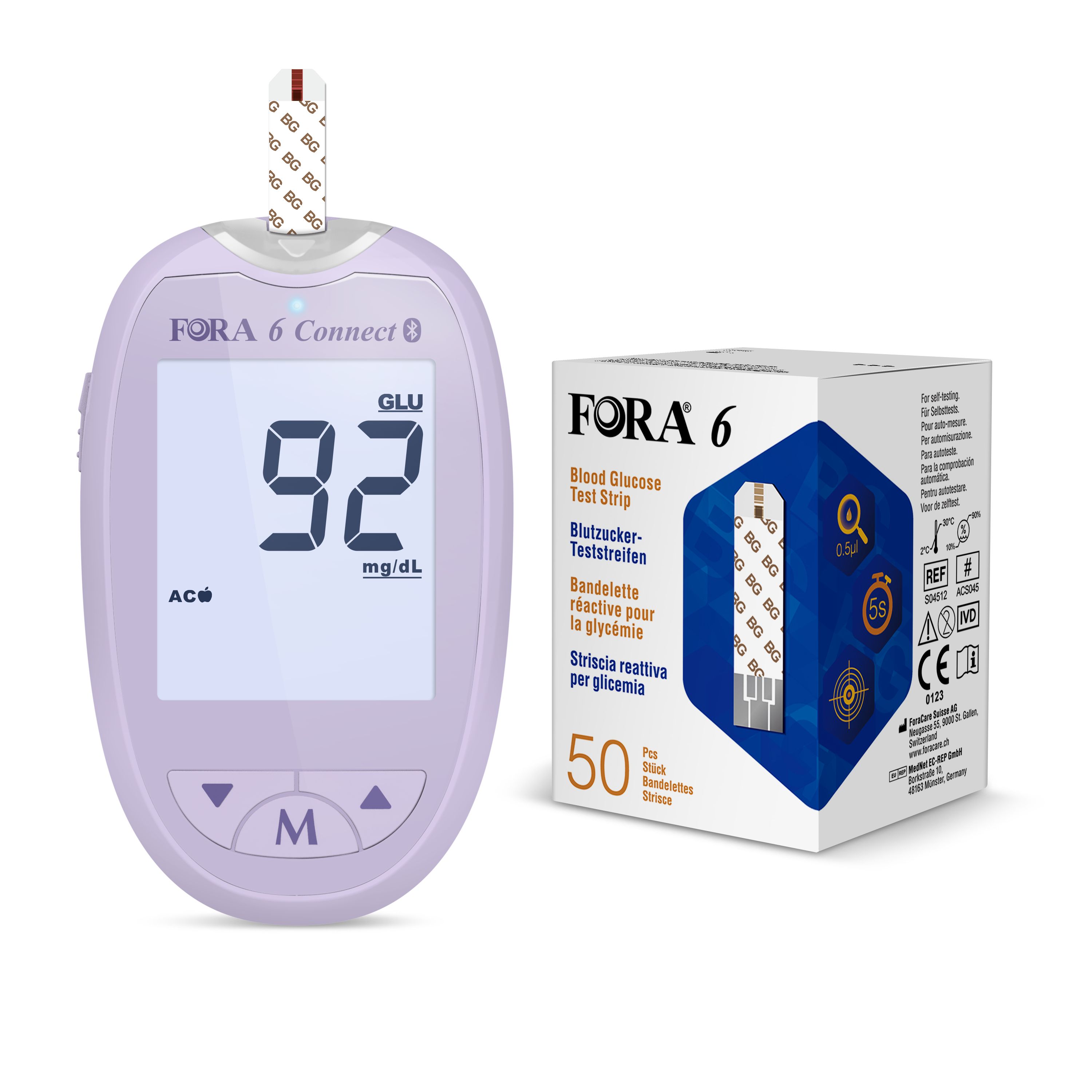 Glucomètre FORA 6 Connect, violet. Affichage : 92 mg/dL. Bandelette et boîte de 50 bandelettes.
