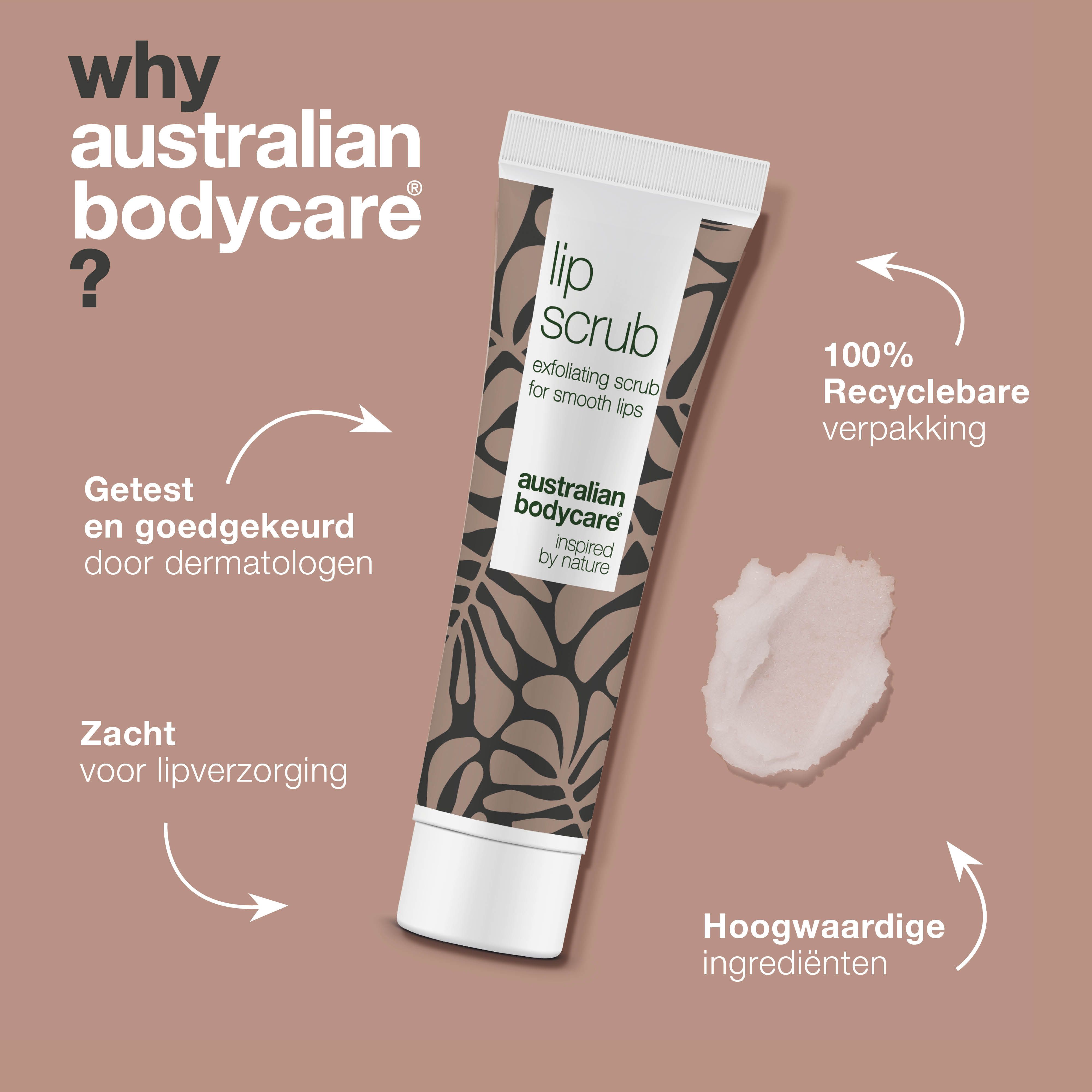 Lip Scrub-tube, bruin patroon, witte dop. Tekst: Australian Bodycare, Lip Scrub, 100% recyclebare verpakking.