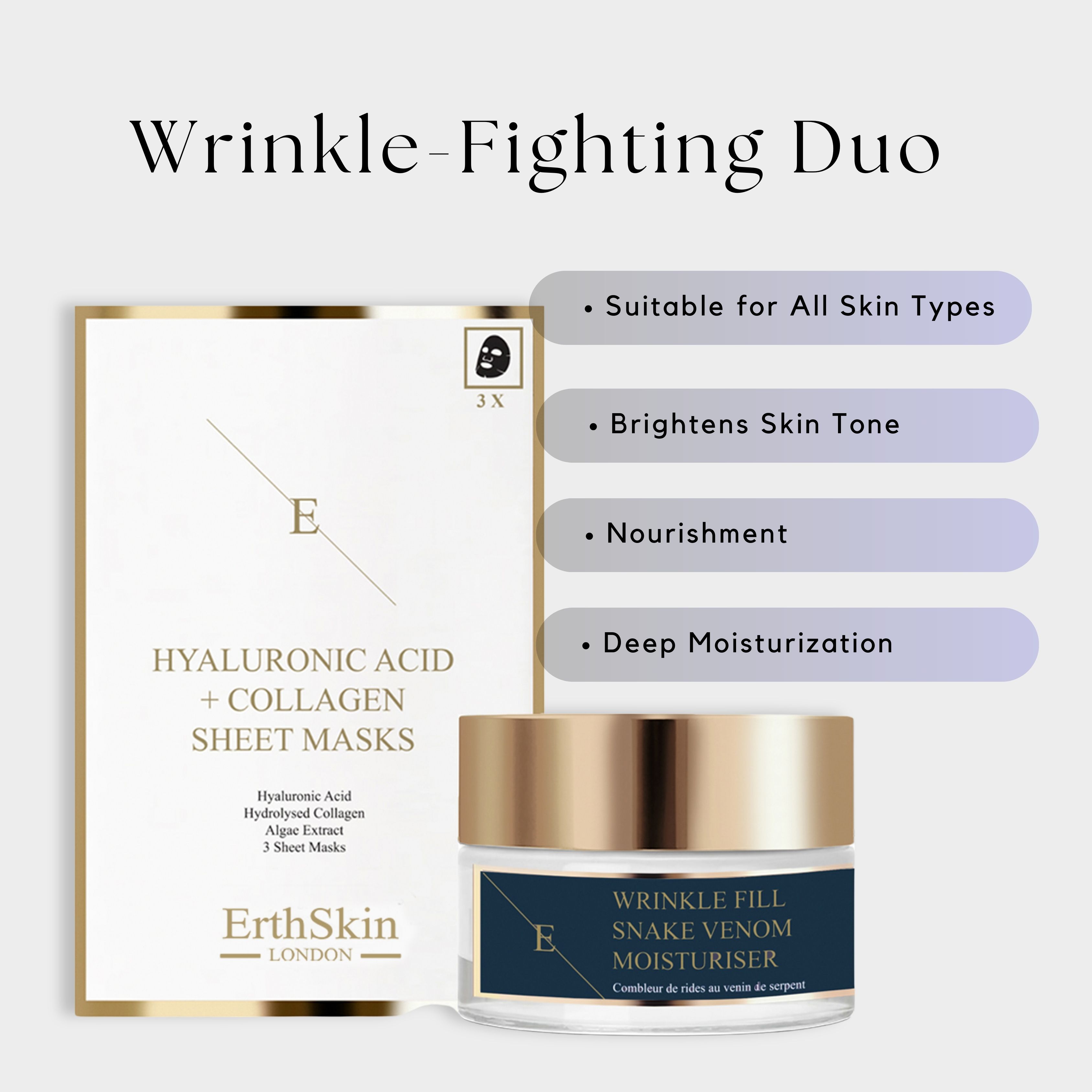 Crèmepot en masker verpakking. Opschrift: ErthSkin London. Masker verpakking met 3 maskers. Opschrift: Rimpel vullende slangengif moisturizer.