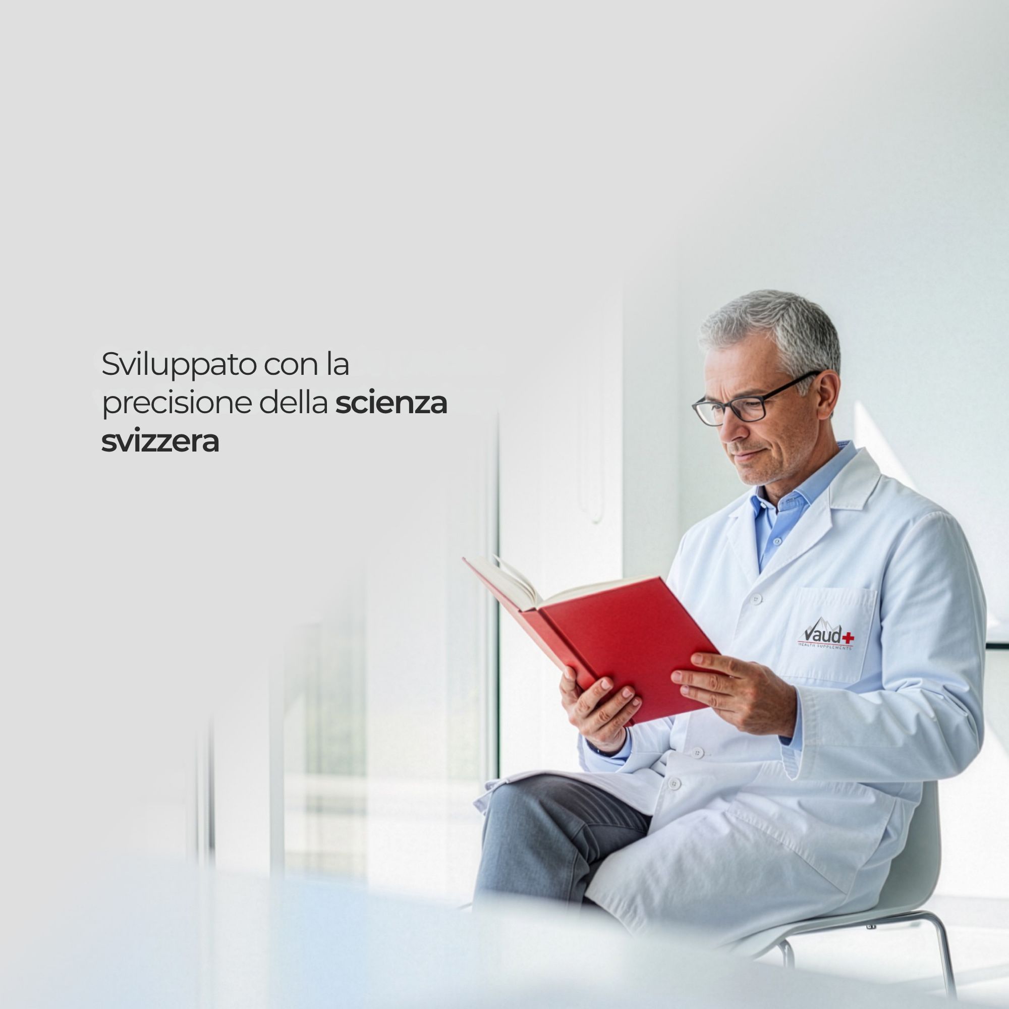 Homme en blouse blanche lisant un livre rouge. Texte : Développé avec la précision de la science suisse.