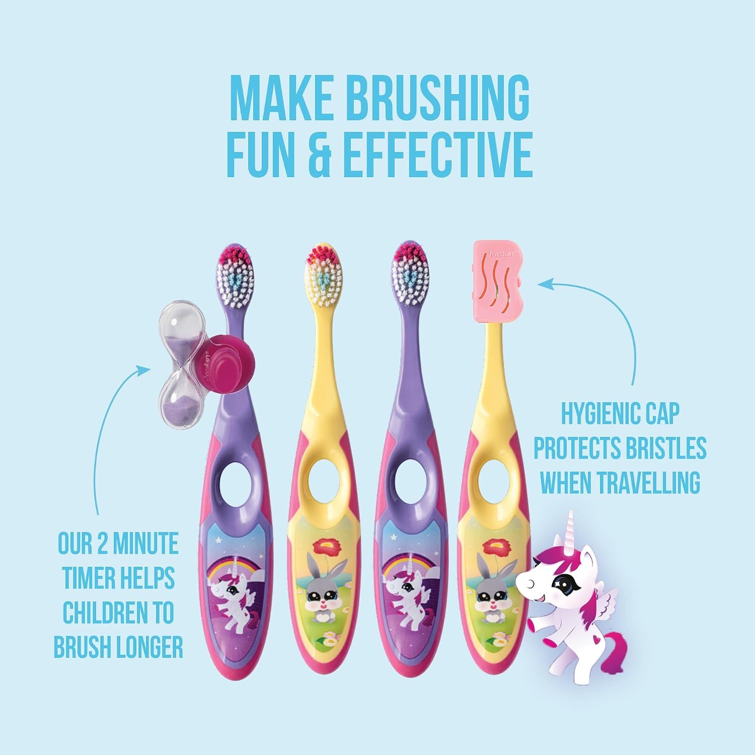 Quatre brosses à dents enfant avec motifs licorne et arc-en-ciel, avec minuteur.