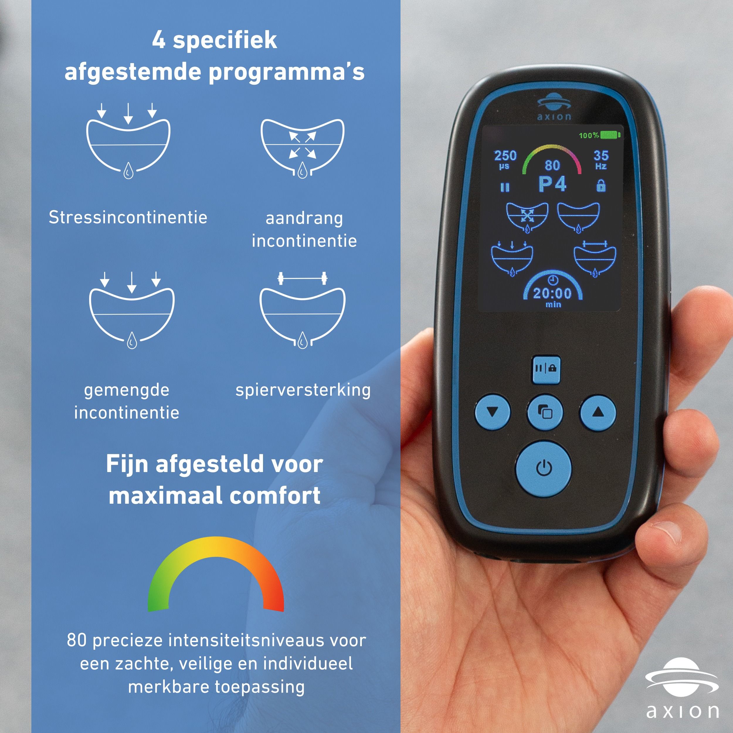 axion® I-3000-apparaat in hand. Vier symbolen voor programma's. Kleurverloop.