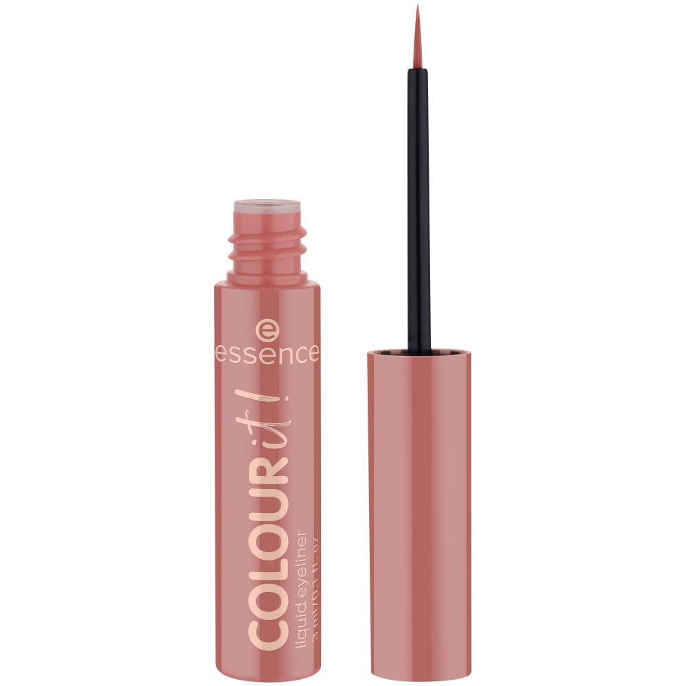 Eyeliner liquide rose. Flacon et bouchon roses, applicateur noir. Inscription : Colour it! et Essence.