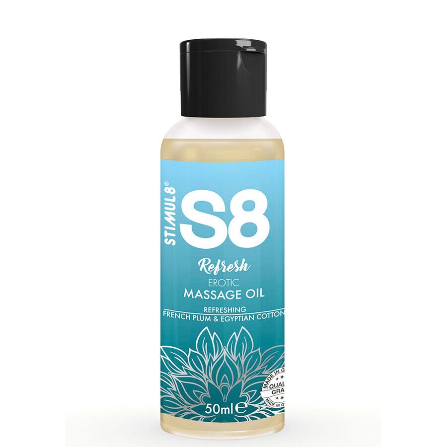 Stimul8 S8 Refresh erotische massageolie, 50ml fles met zwarte dop. Geur: Franse pruim & Egyptisch katoen.