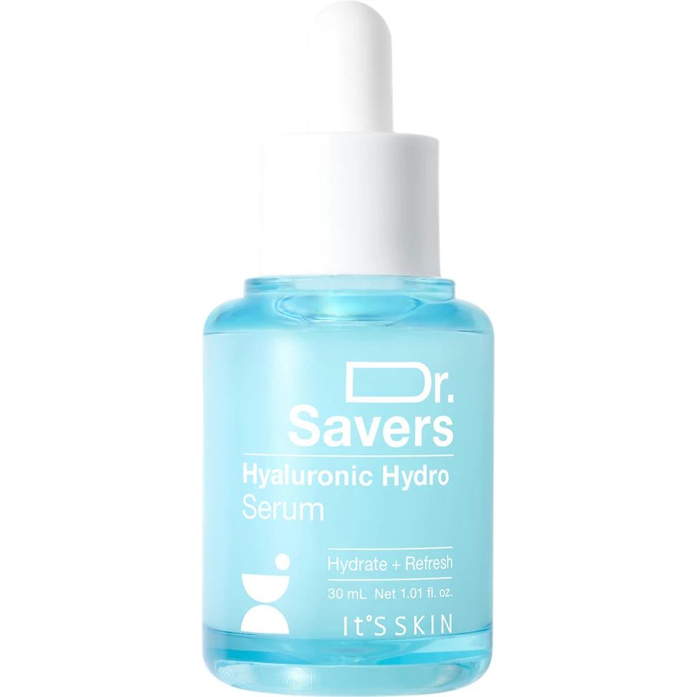 Flacon de sérum bleu avec compte-gouttes blanc. Inscription : Dr. Savers Hyaluronic Hydro Serum. Marque : IT'S SKIN. 30 ml.