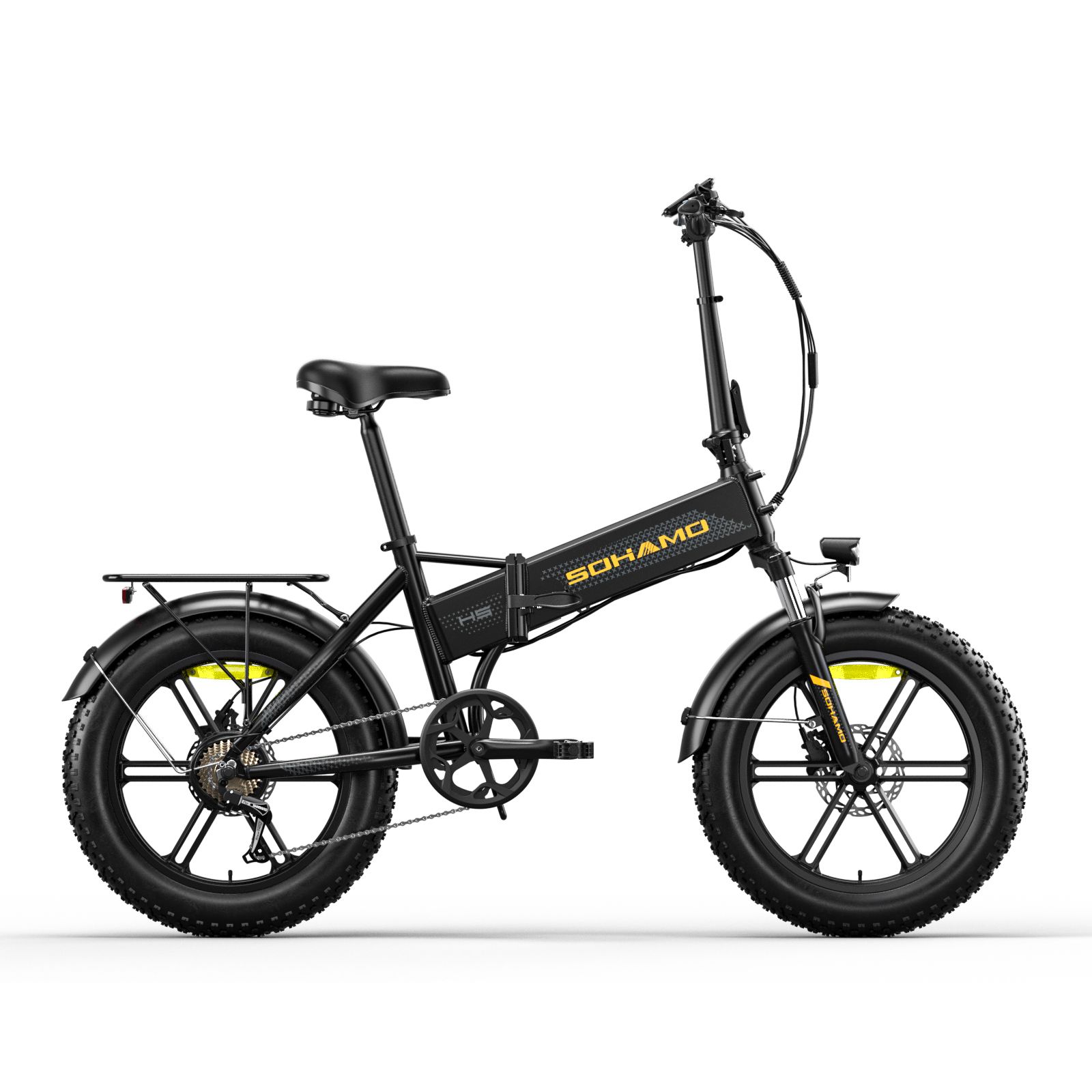 E-bike, zwart, opgevouwen. Bagagedrager, spatborden en brede banden.