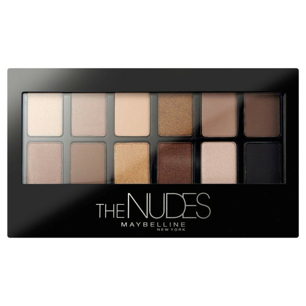 Palette de fards à paupières avec 12 teintes. Emballage noir avec couvercle transparent. Inscription : THE NUDES MAYBELLINE New York.