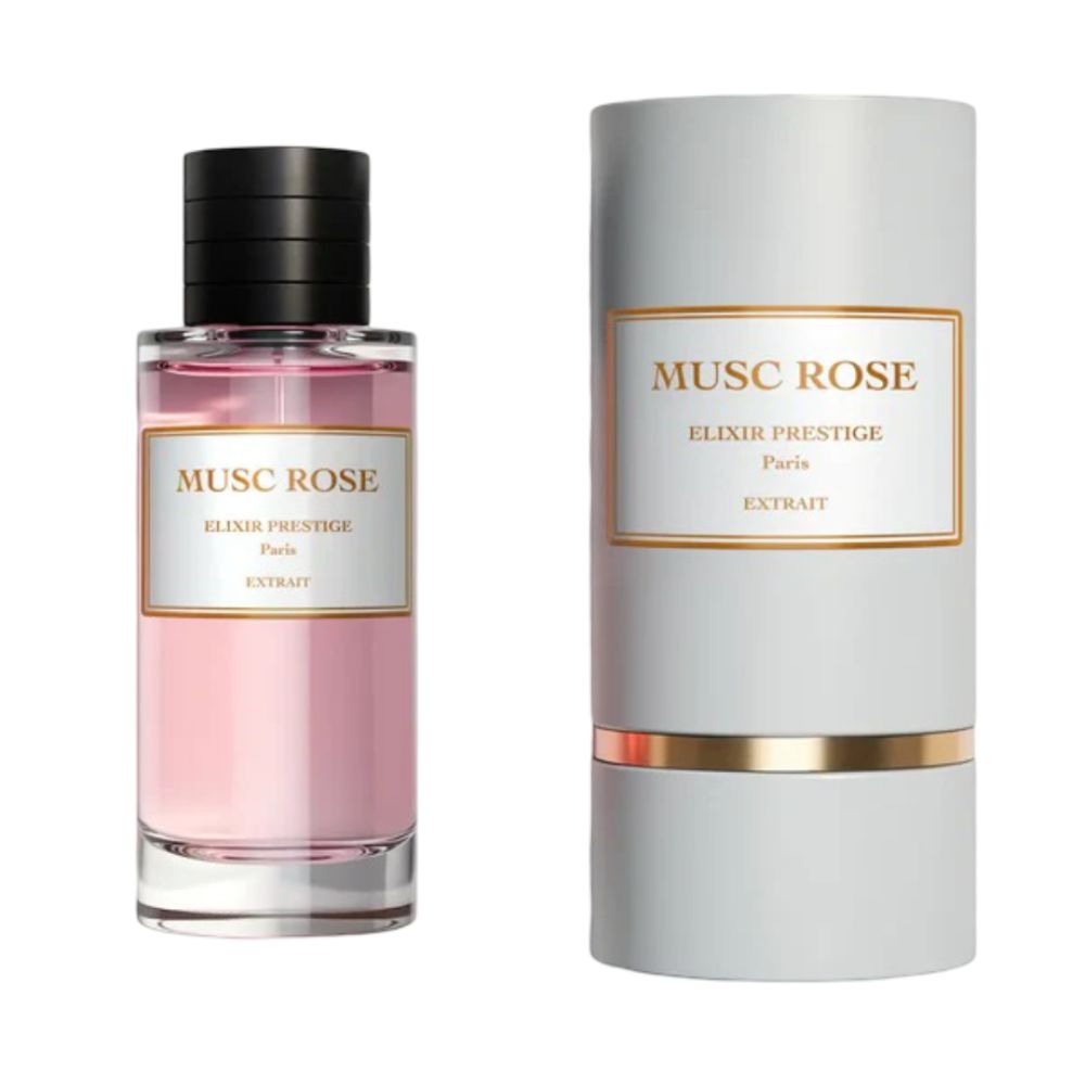 Flacon de parfum à côté d'un emballage cylindrique. Flacon: liquide rose, bouchon noir, étiquette blanche. Emballage: blanc, texte doré.