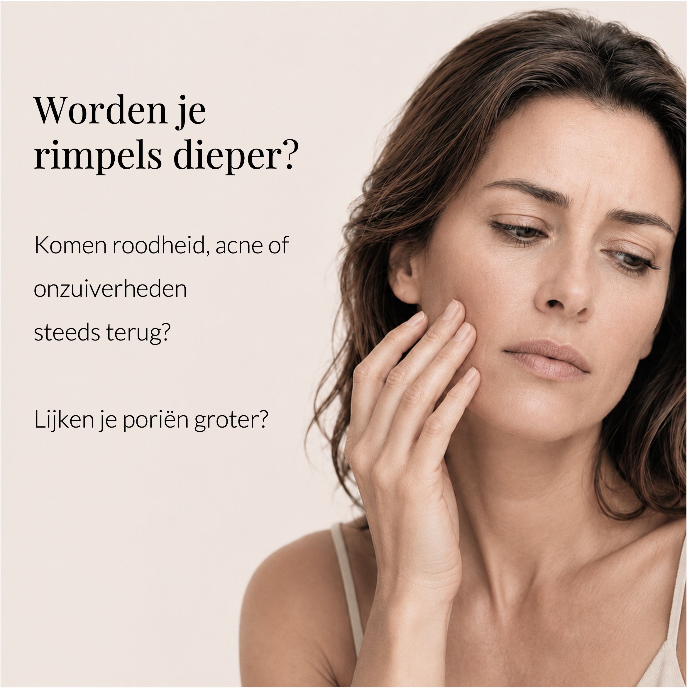 Vrouw raakt gezicht aan. Product en tekst: ANTI WRINKLE FACE CREAM. Voordelen en certificeringen.