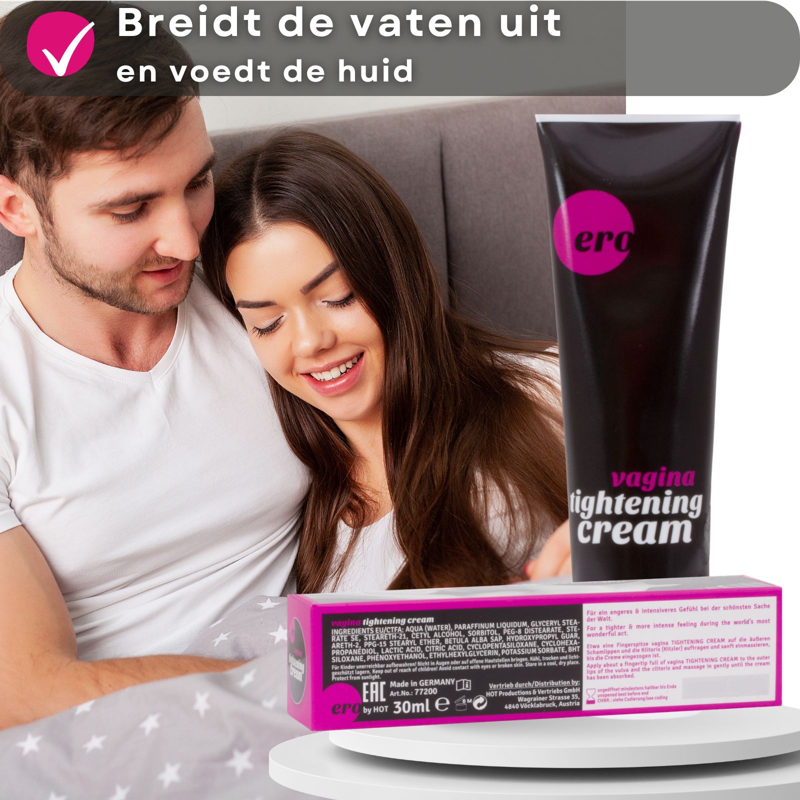 Koppel in bed. Tube en doos. Opschrift: vagina tightening cream. Merk: ero. Verpakking: 30ml.