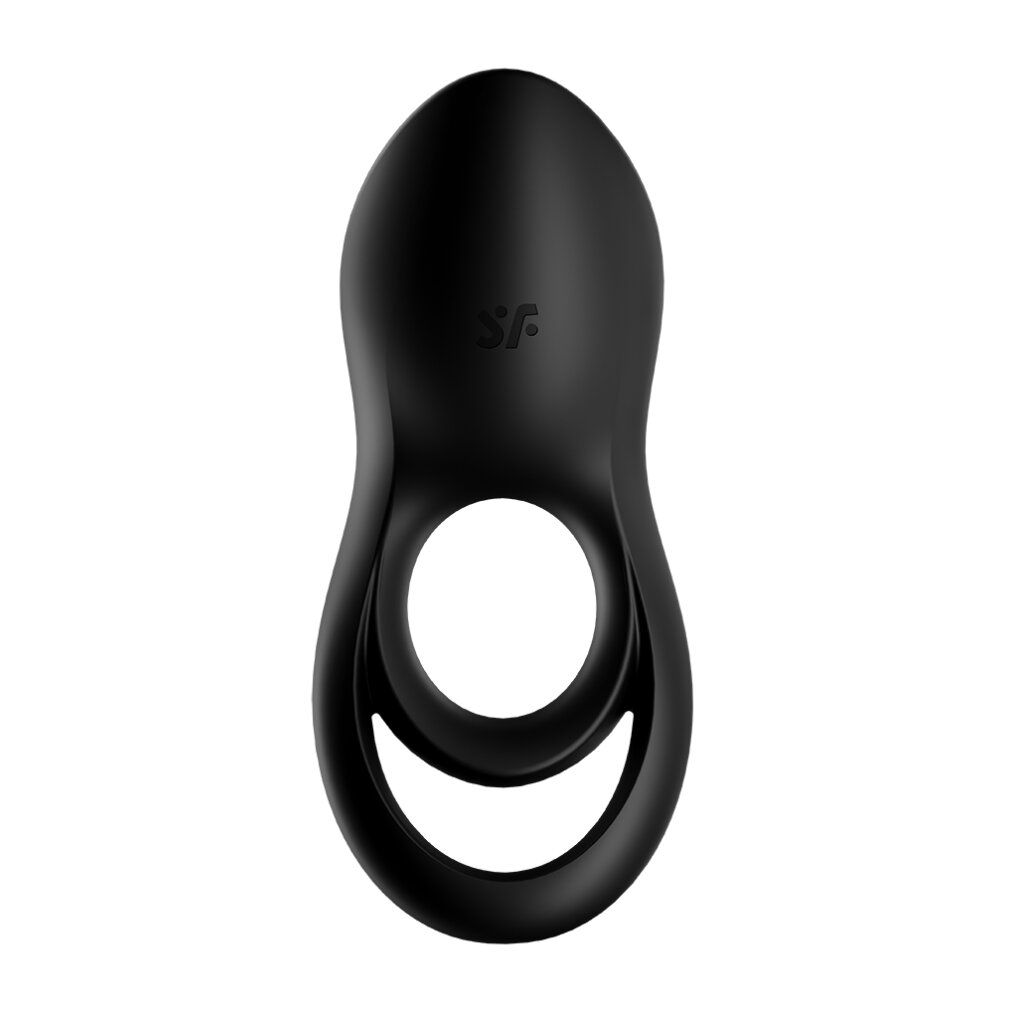 Satisfyer Legendary Duo Ring Vibrator noir avec bouton d'alimentation et logo.