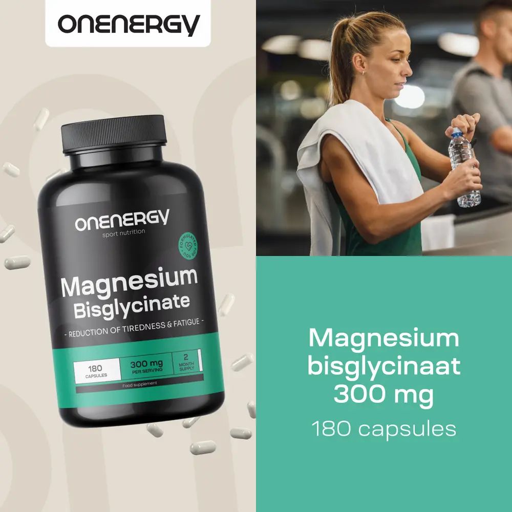 Onenergy Magnesiumbisglycinaat 300 mg, 180 capsules. Fles en capsules. Persoon drinkt water op loopband.
