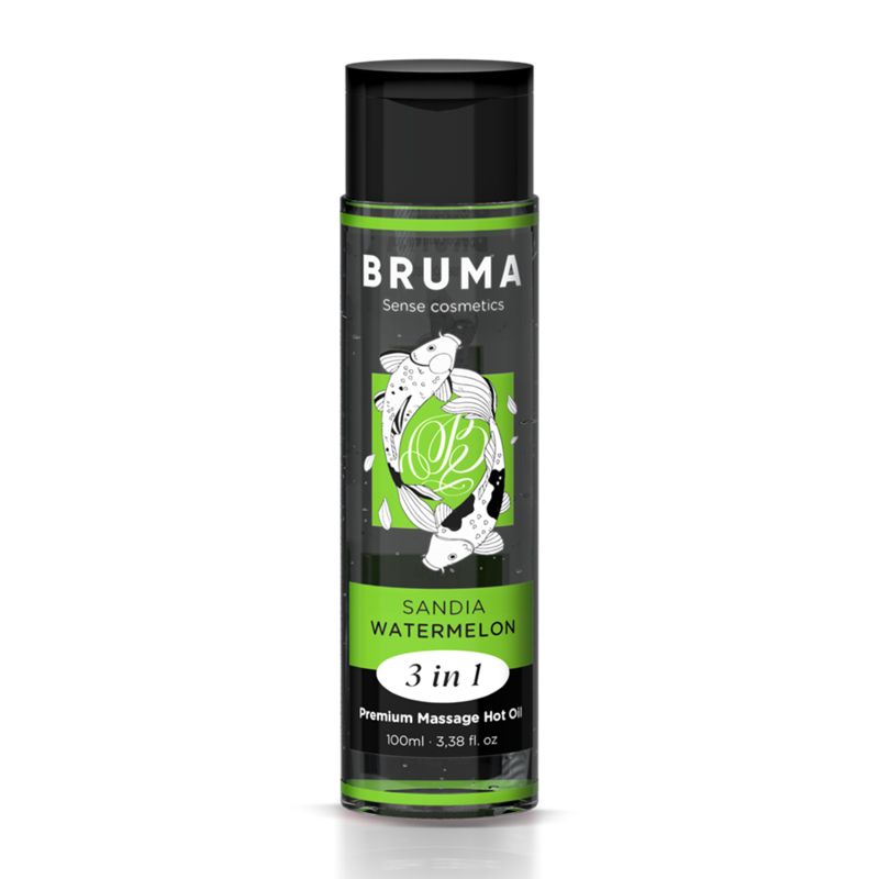 Bruma massageolie fles met zwarte dop en etiket met koi vissen en tekst.