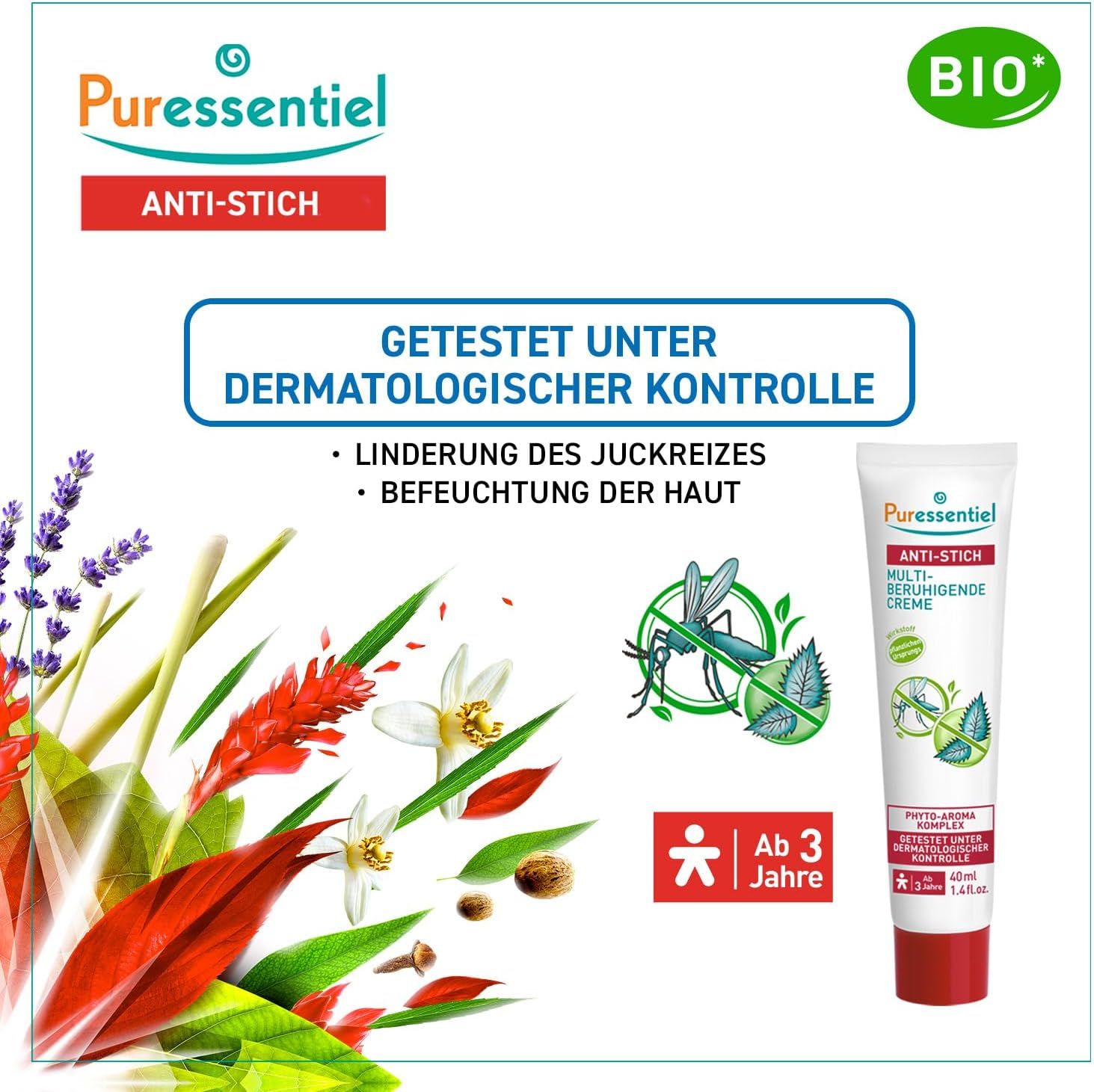 Tube de crème avec fleurs et herbes. Inscription: Anti-Stich, Multi-beruhigende Creme. Logo: À partir de 3 ans. Testé sous contrôle dermatologique.