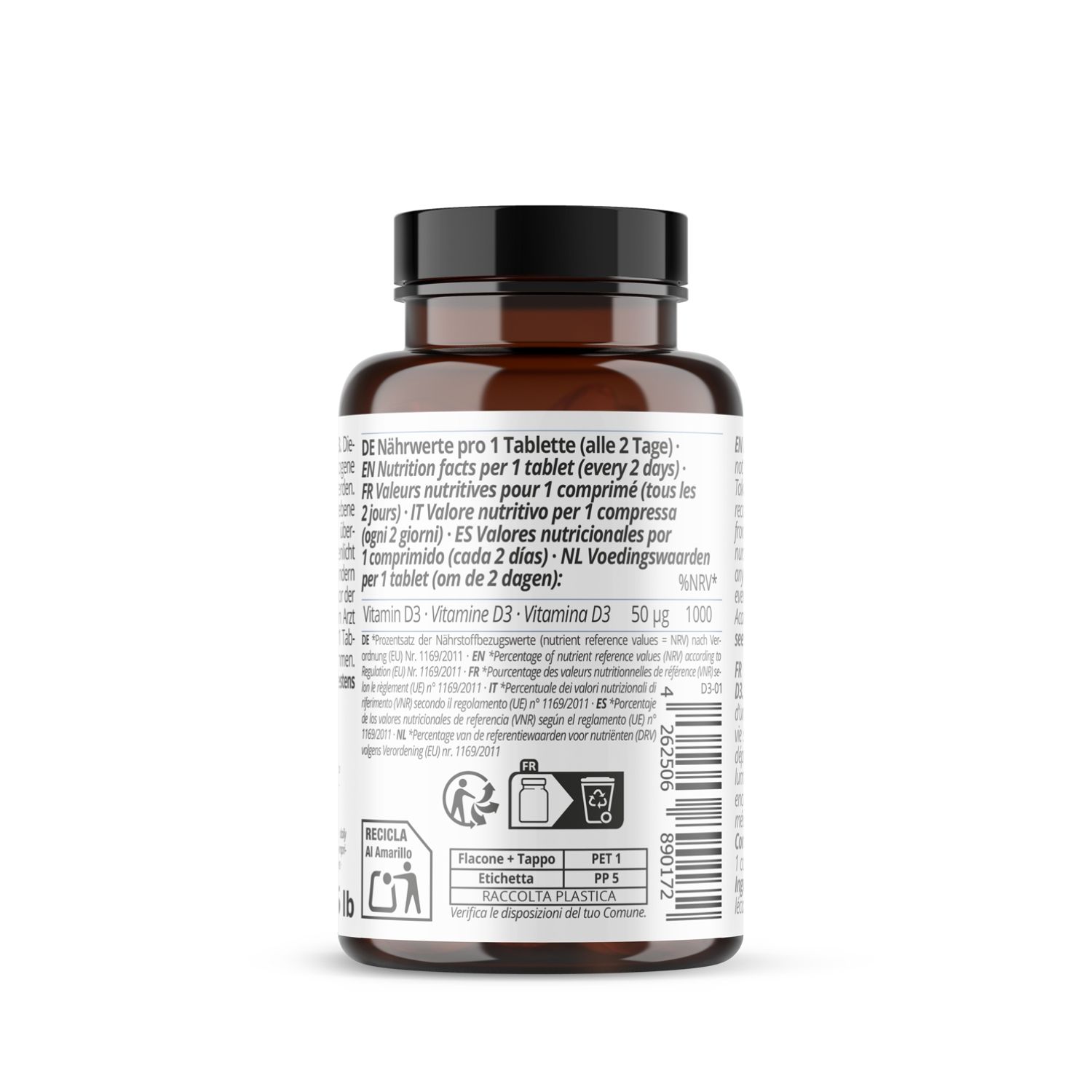 Drie witte tabletten, 10 mm. Zonder soja, suiker, magnesiumstearaat, lactose, genetische manipulatie, gluten.