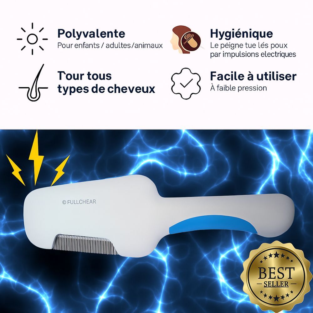 Peigne électrique anti-poux. Peigne blanc et bleu avec dents métalliques. Texte avec domaines d'application. Label "BEST SELLER".