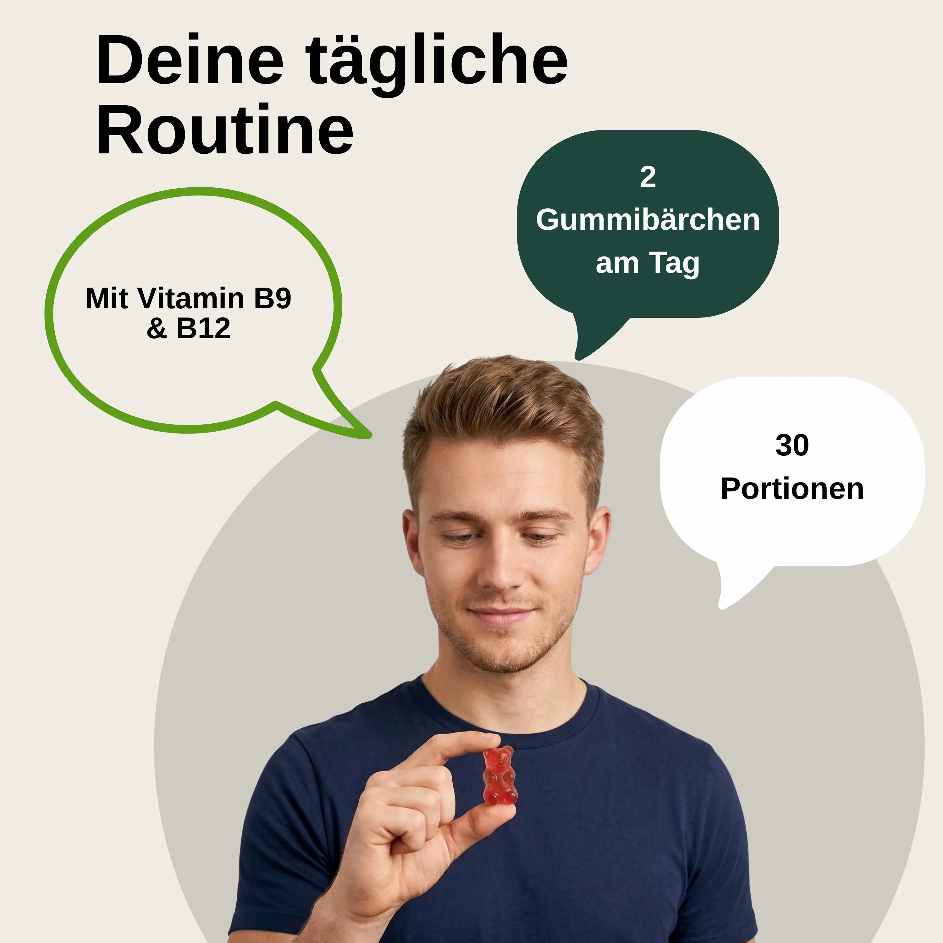 Man houdt een rode appelcidergummy vast, spraakballonnen met vitamine B9/B12, 2 gummies per dag en 30 porties.