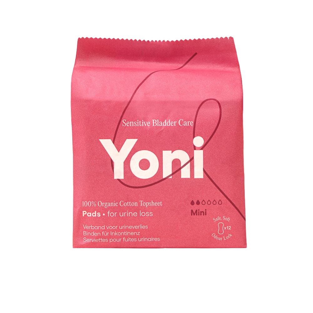 Roze verpakking met productnaam Yoni. Opschrift: Pads voor urineverlies. Mini formaat.