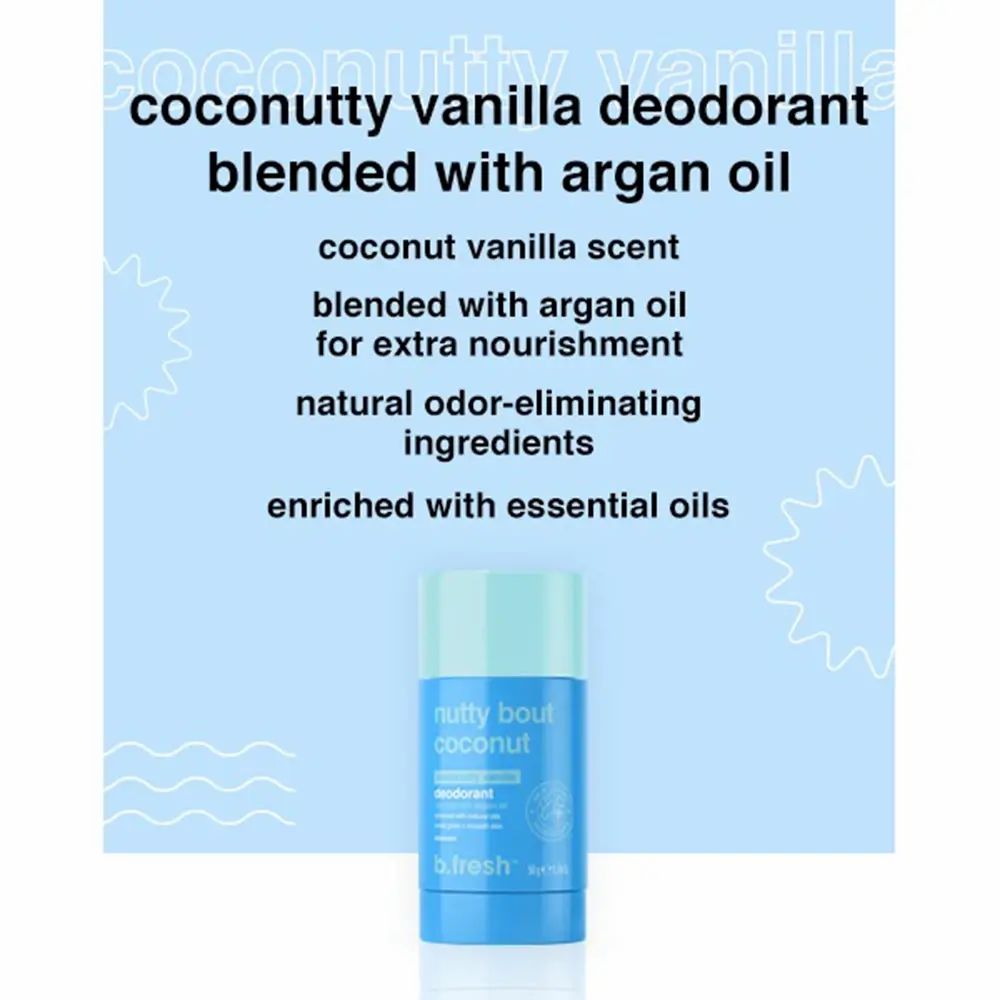 Blauwe deodorantstick met tekst over ingrediënten en geur. Opschrift: Nutty Bout Coconut, Deodorant, B.fresh. Met Skin Loving Ingredients zegel.