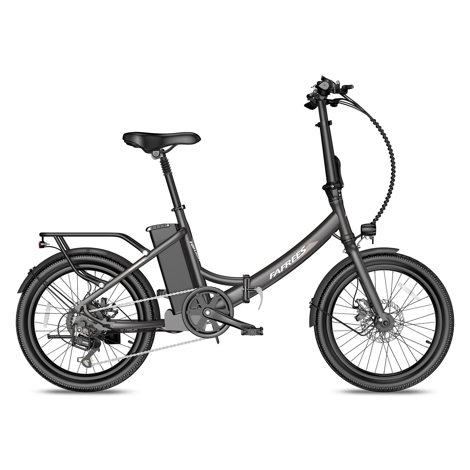 Zwarte opvouwbare e-bike met accu, bagagerek en koplamp. Merk FAFREES.