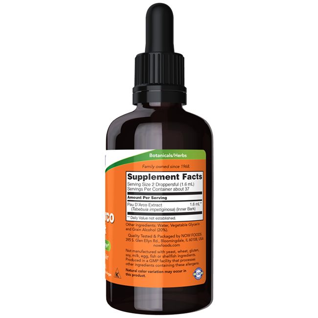 Bruine glazen fles met zwarte druppelaar. Etiket met productinformatie. NOW FOODS Pau D'Arco Extract.