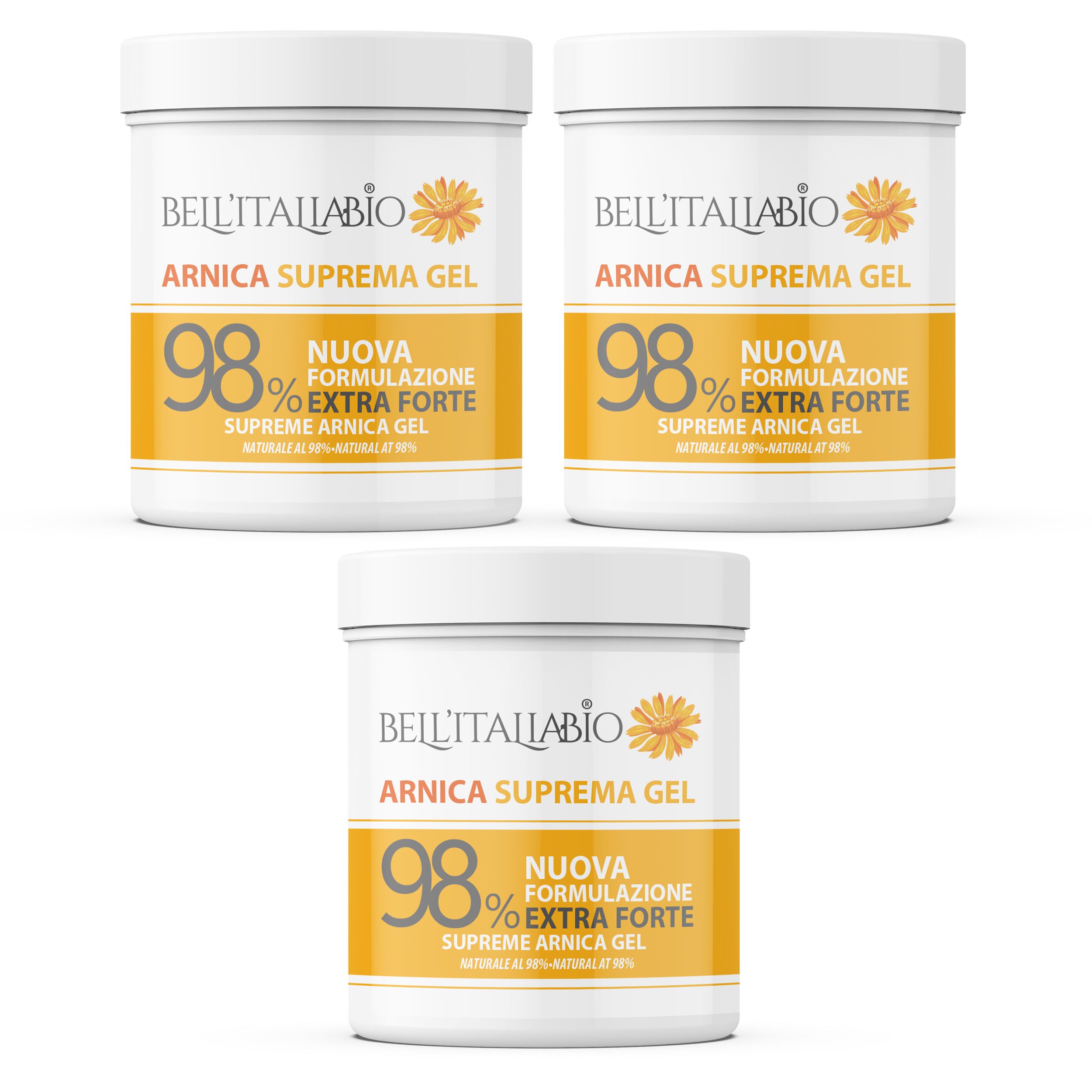Drie witte potten met gele etiketten. Opschrift: BellItaliabio Arnica Supreme Gel, 98%, Extra Forte. Gele bloem illustratie.