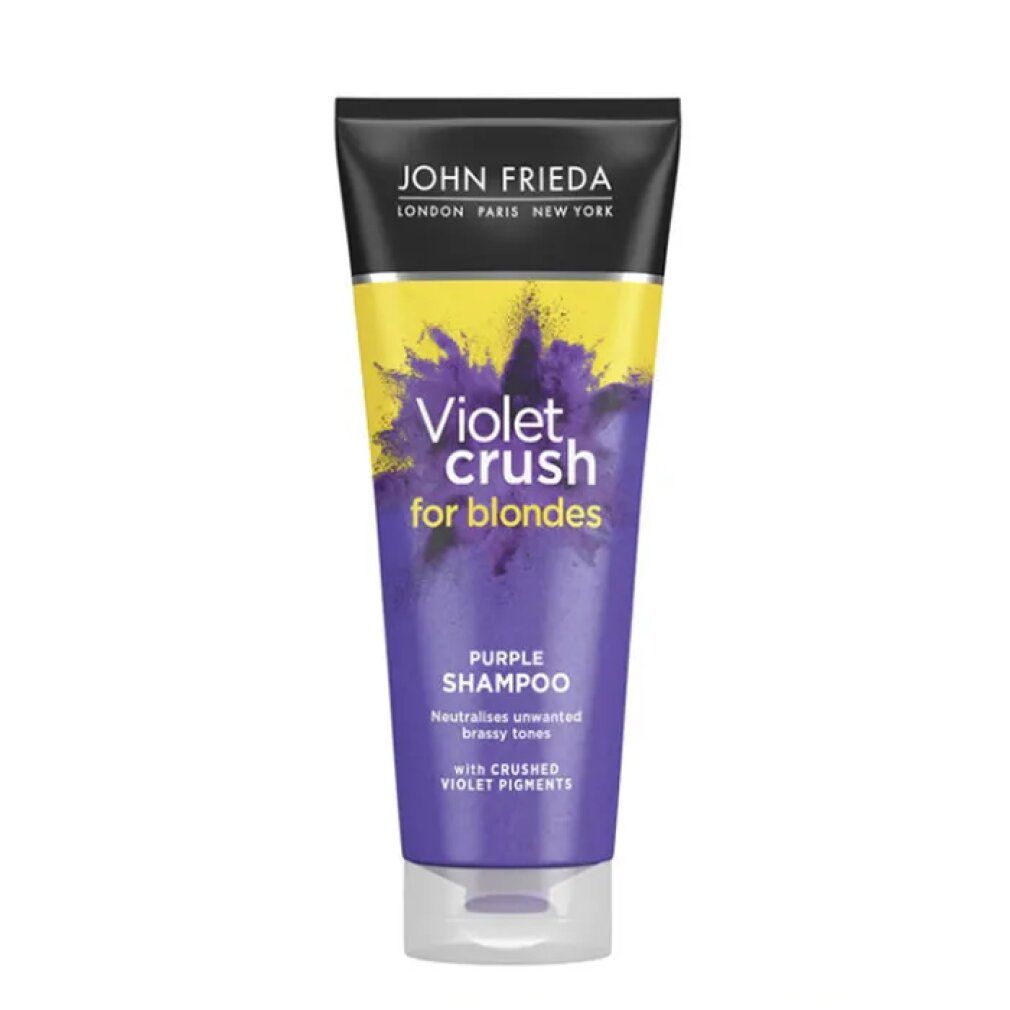 Tube de shampooing violet. Bouchon noir, fond jaune. Texte: Violet Crush for blondes, Purple Shampoo.
