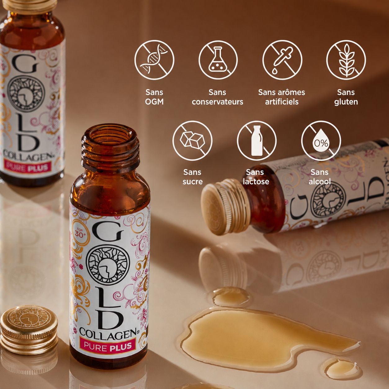 Flacon Gold Collagen Pure Plus avec indications sur les ingrédients, sans OGM.