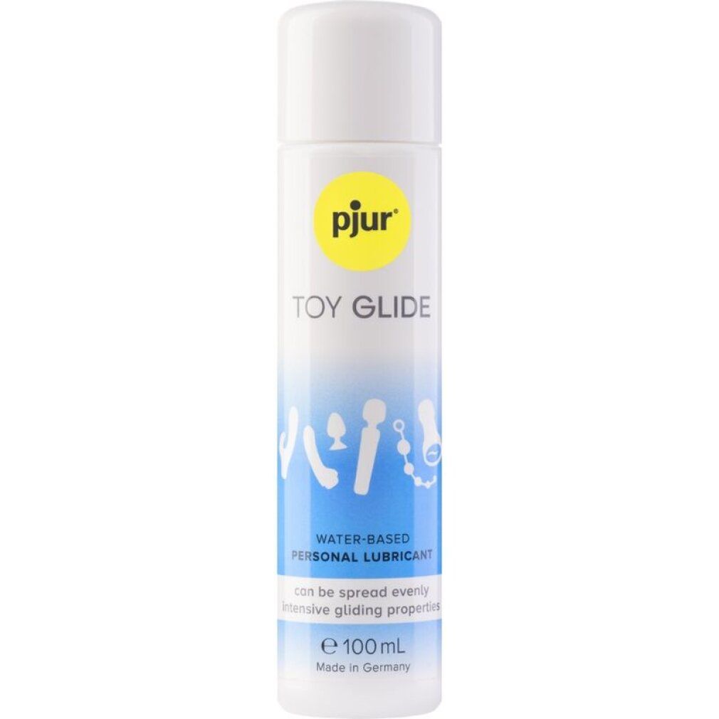Flacon blanc avec logo jaune pjur et nom du produit "TOY GLIDE". Contient des illustrations de sex toys. "WATER-BASED PERSONAL LUBRICANT". Fabriqué en Allemagne.