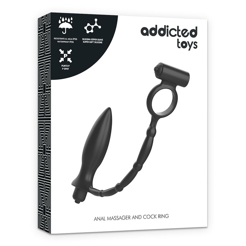 Addicted Toys Plug anal avec anneau vibrant et emballage. Noir, silicone.