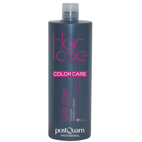 Donkergrijze shampoo fles met roze tekst. Opschrift: Hair Care Color Care, Color Relax Specific Shampoo, postQuam Professional.