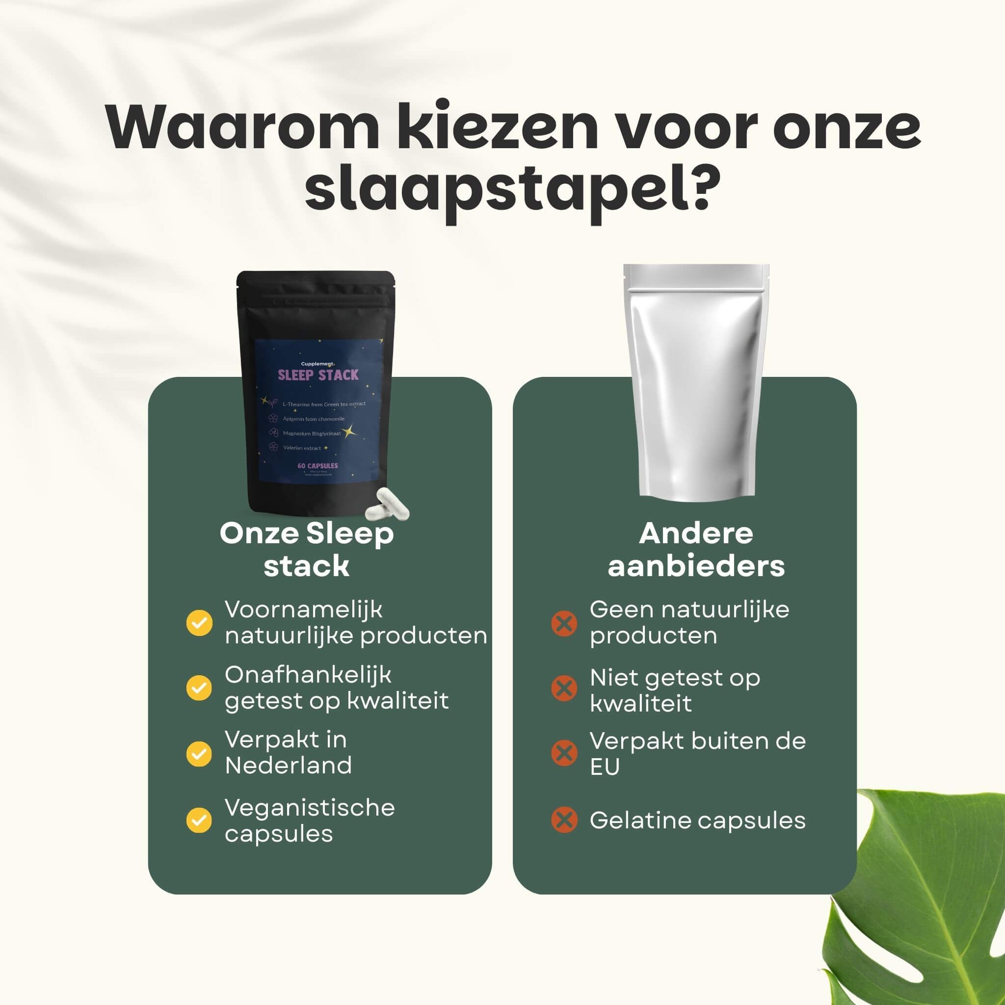 Vergelijking: Onze Sleep Stack vs. Andere aanbieders. Natuurlijke producten, vegan capsules. Geen gelatine.