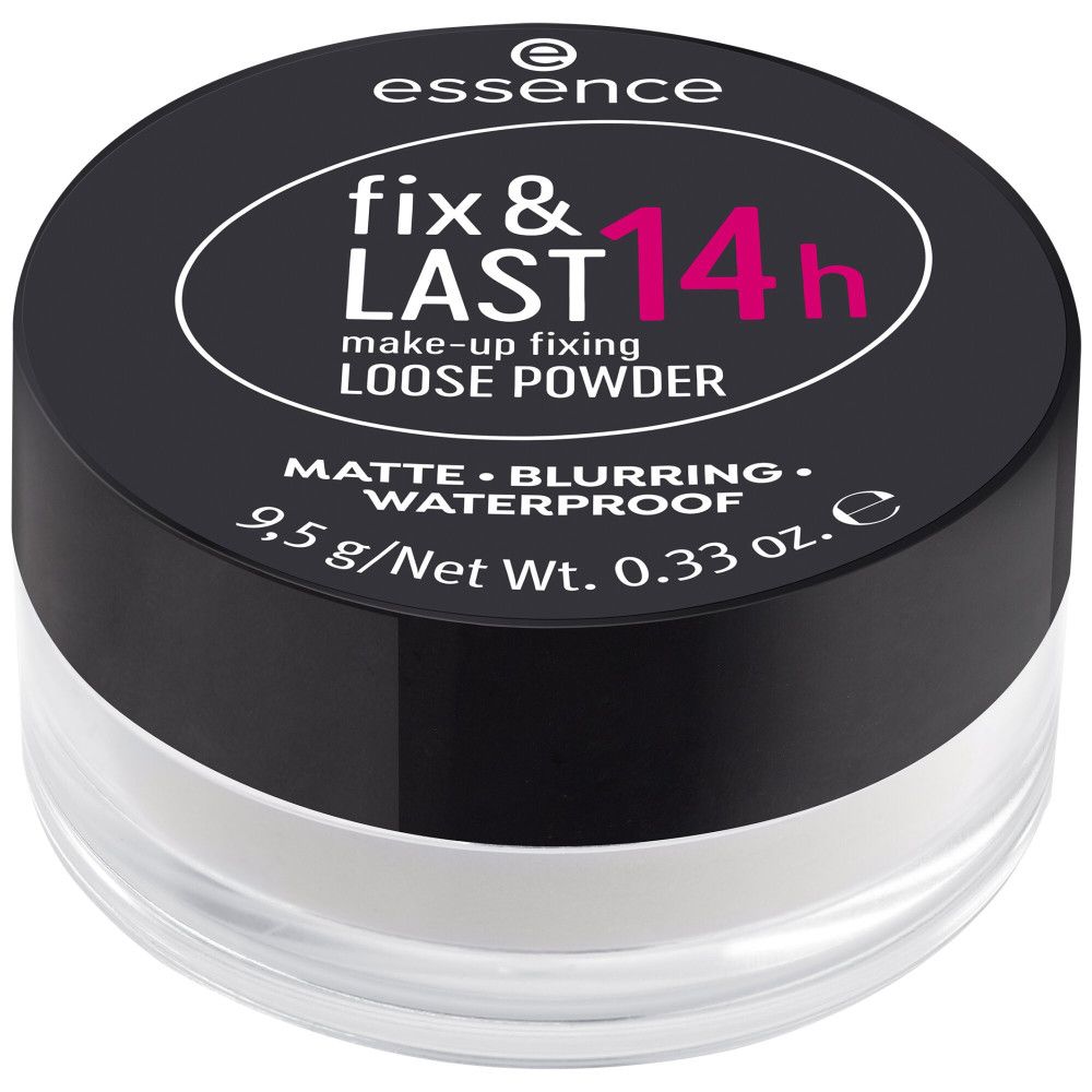 Pot de poudre libre Essence Fix & Last 14h. Couvercle noir avec texte blanc et rose. Contenant transparent.