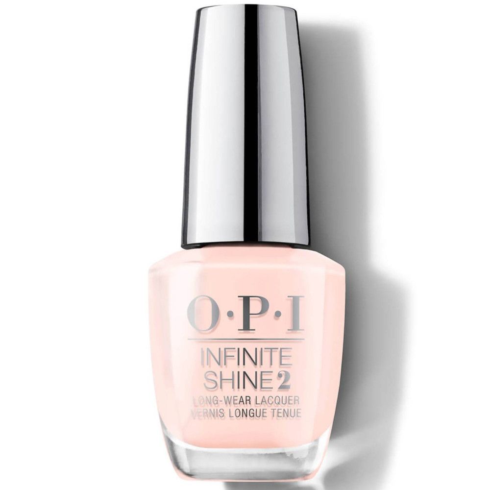 Flacon de vernis à ongles OPI Infinite Shine 2. Vernis rose, bouchon argenté. Texte.