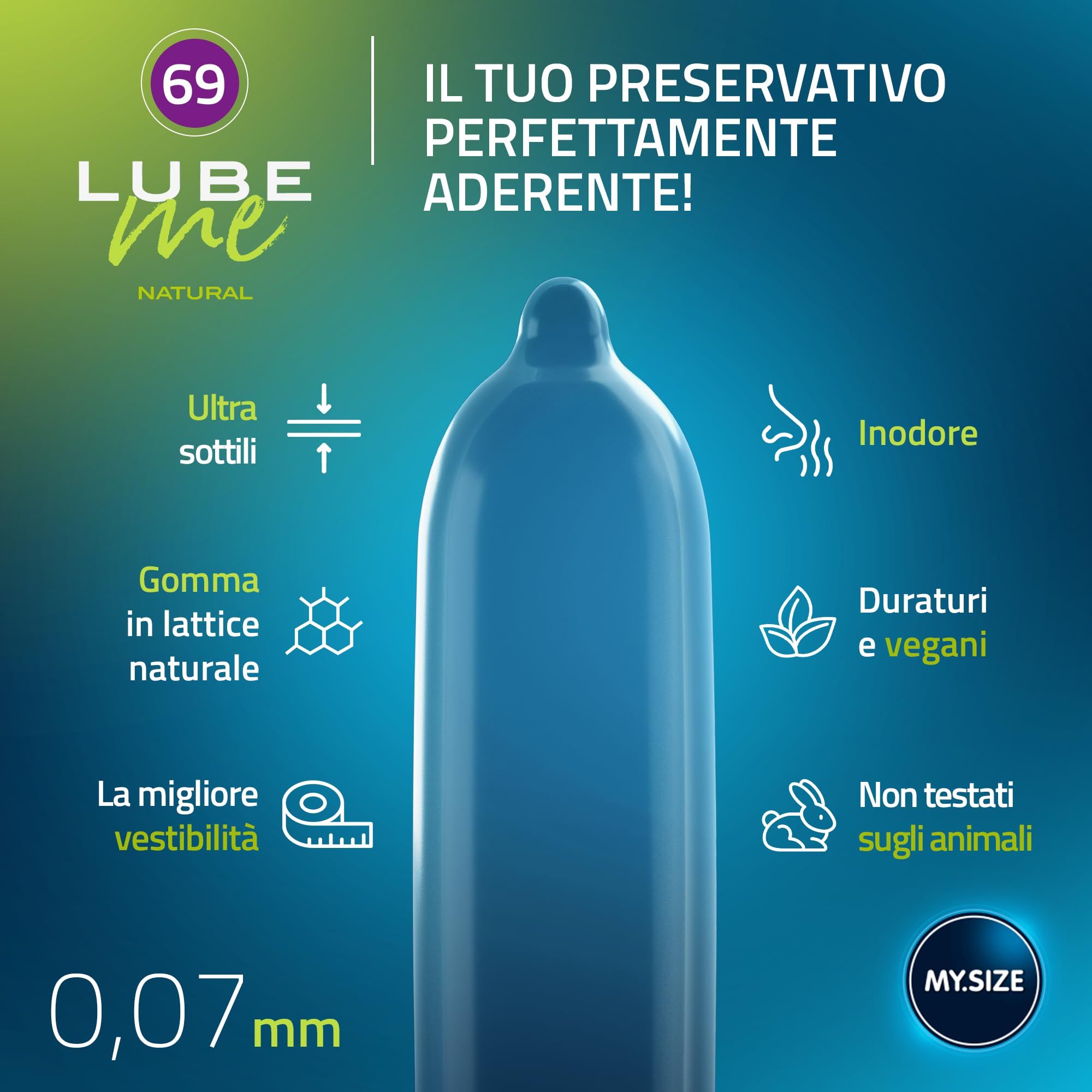 Préservatif MY.SIZE bleu avec icônes pour caractéristiques: fin, sans odeur, vegan.