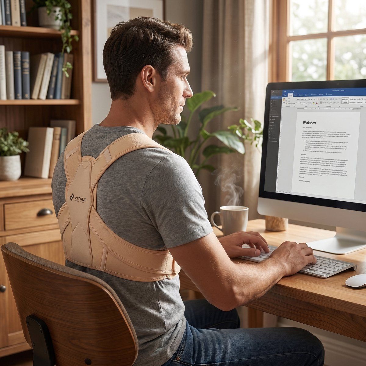 Man aan bureau, draagt een beige rugbrace. Hij zit voor een computer.