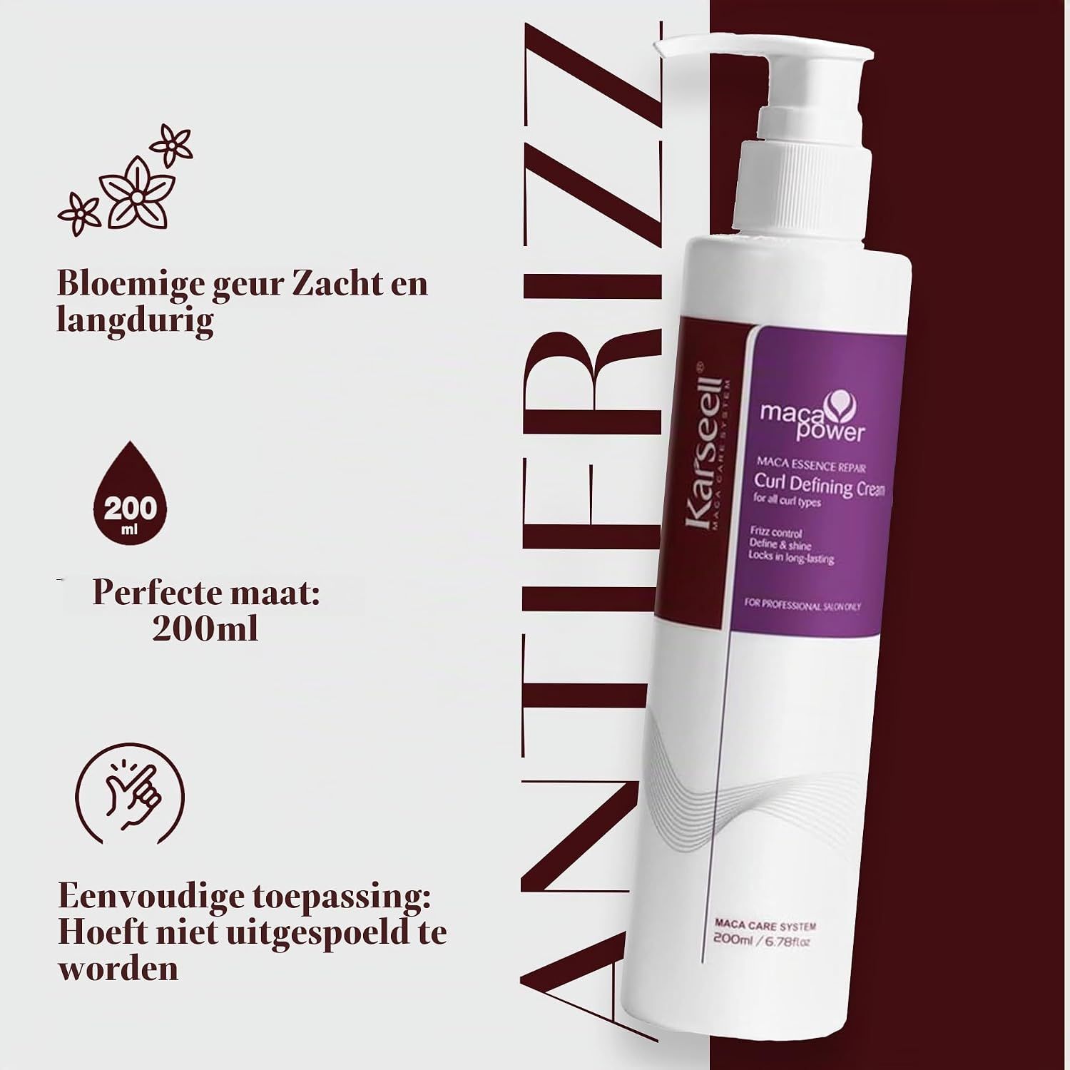 Witte fles met pompdosering, 200ml, kruldefinerende crème.