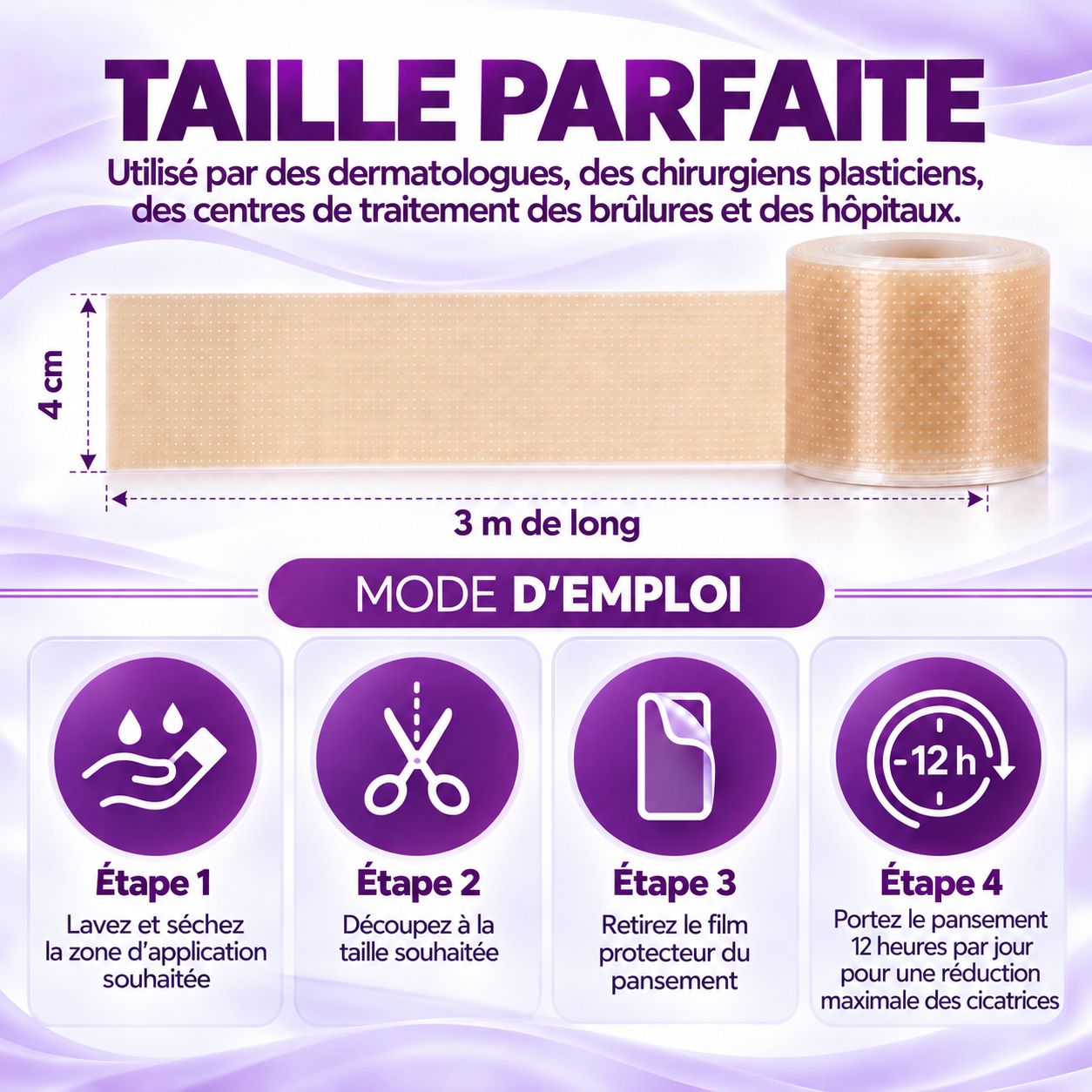 Rouleau pansement silicone Leiqier, 3m long, 4cm large.