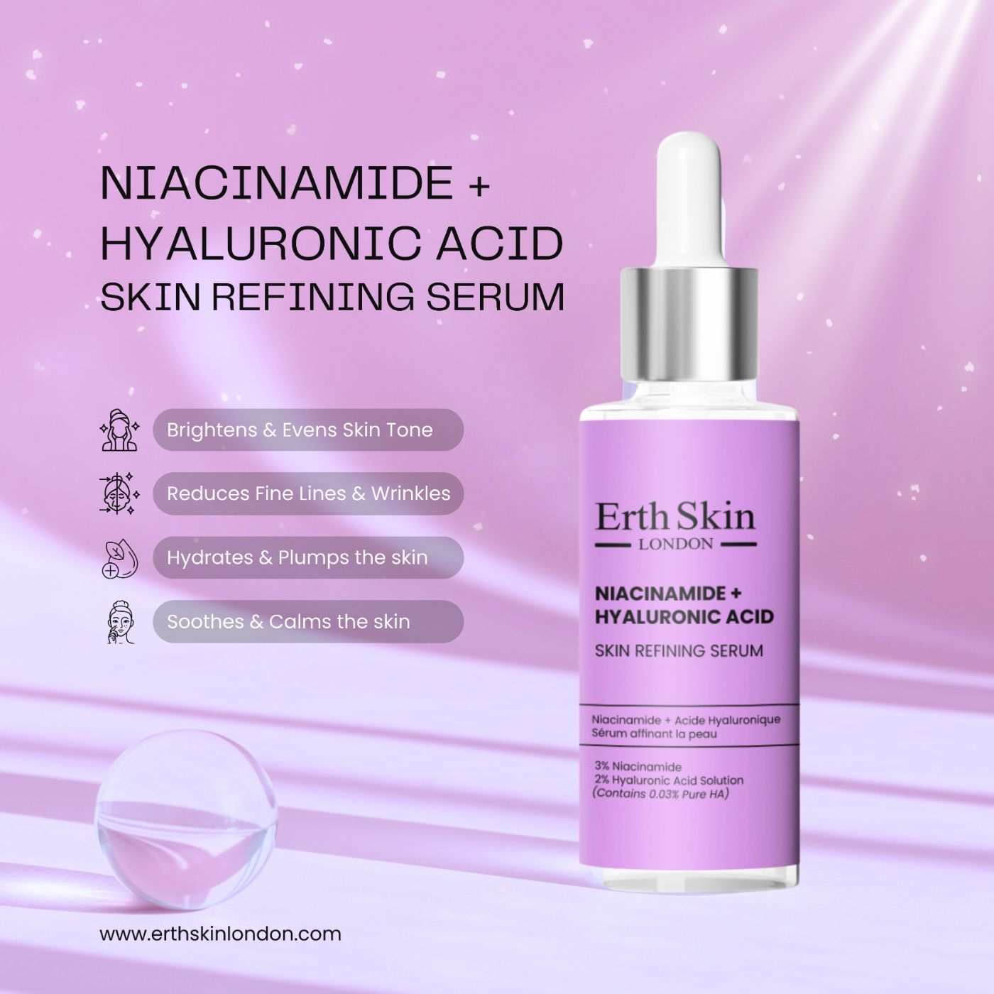 Serumfles met pipet. Opschrift: Niacinamide + Hyaluronzuur. Paars etiket. Bevat 3% Niacinamide. Met illustraties.