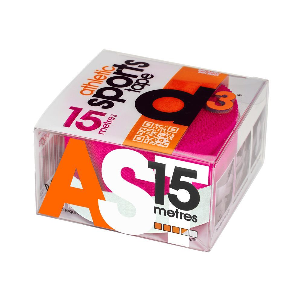 Bande de sport athlétique, rouleau de 15 mètres rose, emballé dans une boîte transparente avec inscription.