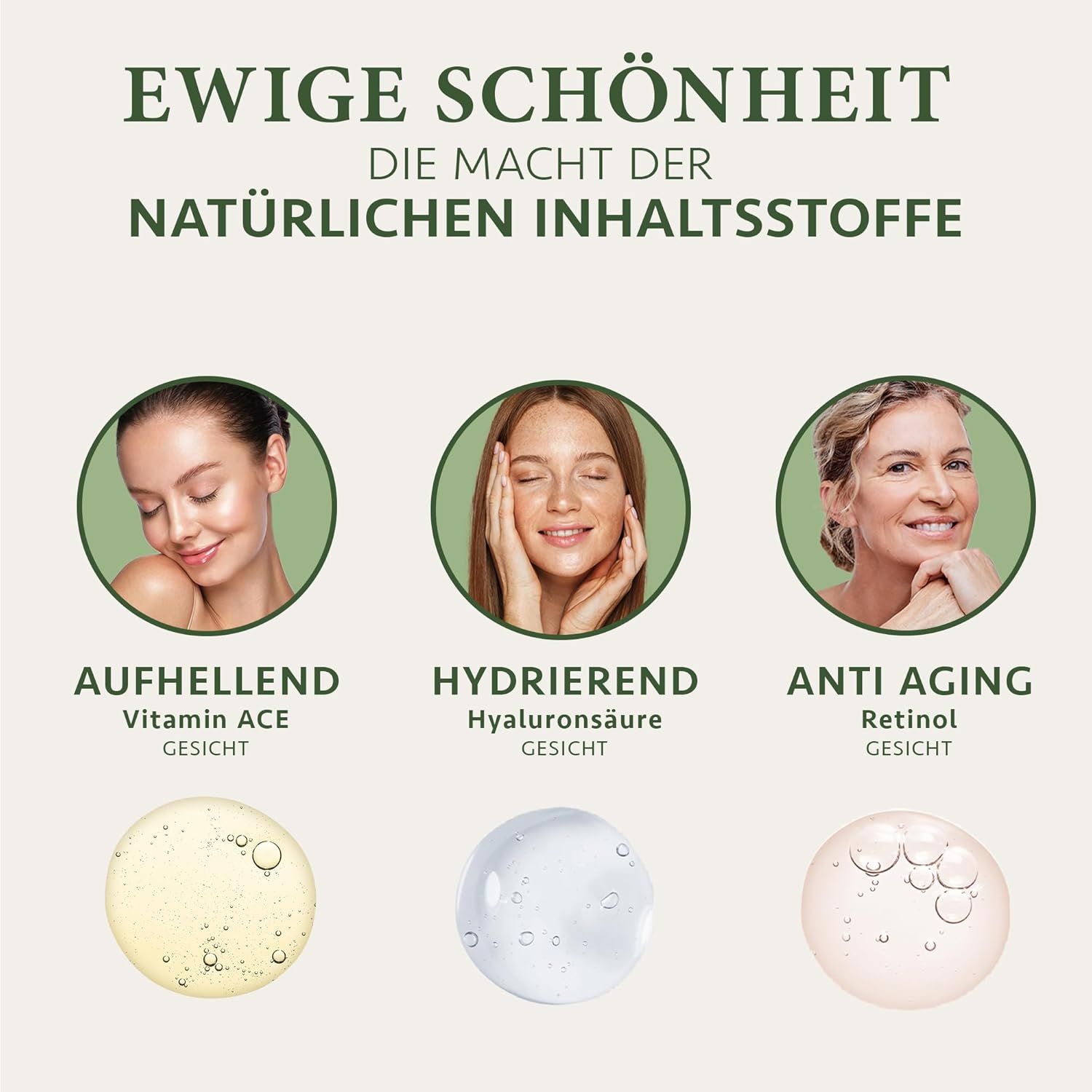 Trois visages avec les inscriptions : Éclaircissant, Hydratant, Anti-âge. En dessous, des gouttes de sérum. Texte : Ingrédients naturels.