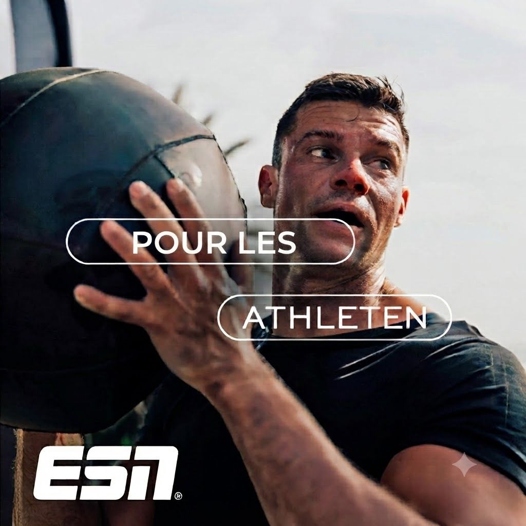 Un homme tient un ballon médicinal noir. "POUR LES ATHLETEN" est visible sur l'image.